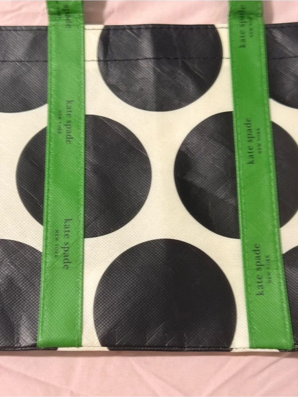 Kate spade NY Tote bag, NWOT, Black/White Polka Dot with signature green Strap.